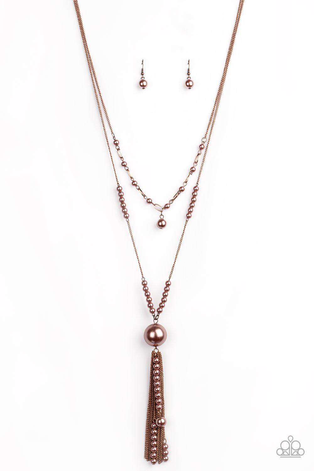 Abstract Elegance Copper Pearl Tassel Necklace - Paparazzi Accessories - lightbox -CarasShop.com - $5 Jewelry by Cara Jewels