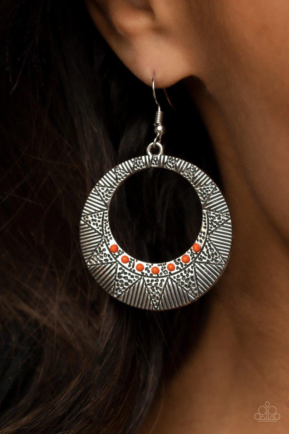 Adobe Dusk Orange and Silver Earrings - Paparazzi Accessories- on model - CarasShop.com - $5 Jewelry by Cara Jewels