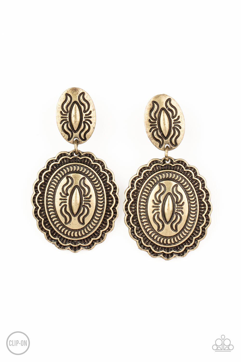 Ageless Artifact Brass Clip-On Earrings - Paparazzi Accessories - lightbox -CarasShop.com - $5 Jewelry by Cara Jewels