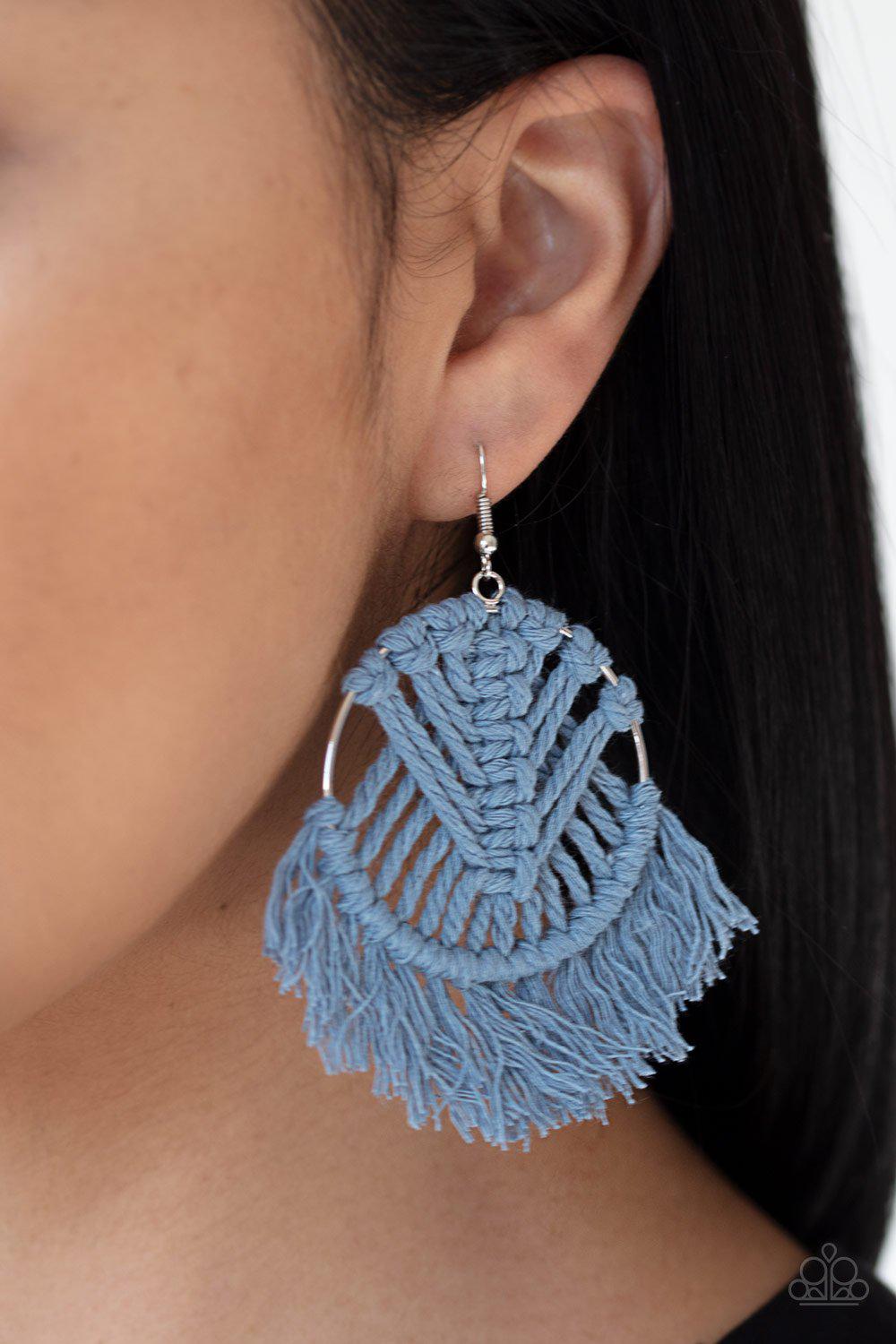 All About MACRAME Blue Earrings - Paparazzi Accessories-CarasShop.com - $5 Jewelry by Cara Jewels
