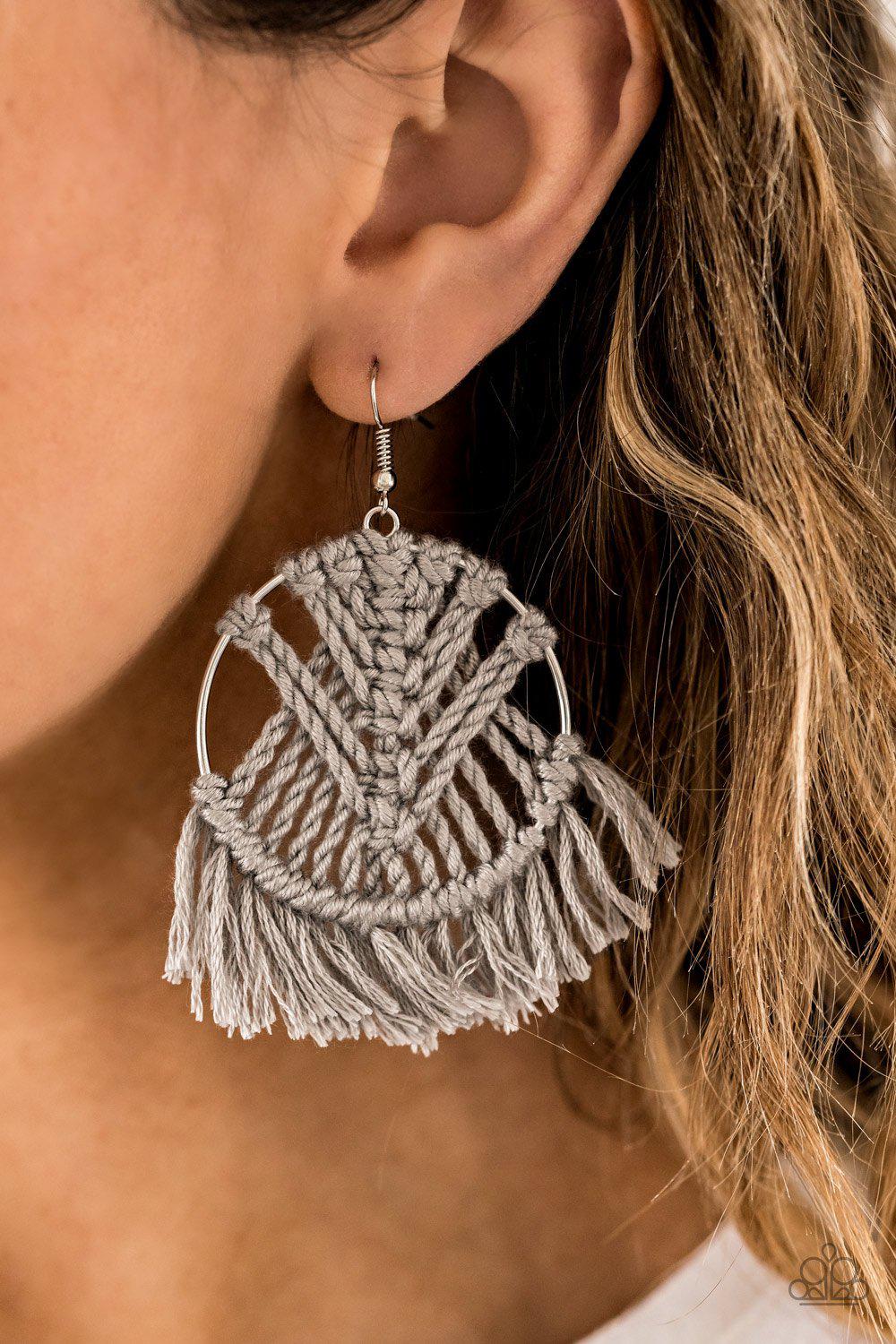 All About MACRAME Silver Earrings - Paparazzi Accessories-CarasShop.com - $5 Jewelry by Cara Jewels