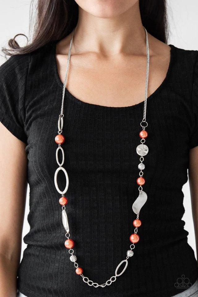 All About Me Orange and Silver Necklace - Paparazzi Accessories- on model - CarasShop.com - $5 Jewelry by Cara Jewels
