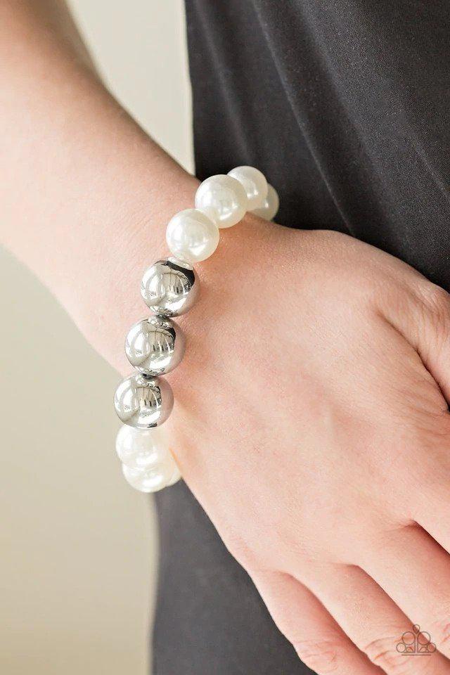 All Dressed UPTOWN White and Silver Pearl Bracelet - Paparazzi Accessories- on model - CarasShop.com - $5 Jewelry by Cara Jewels