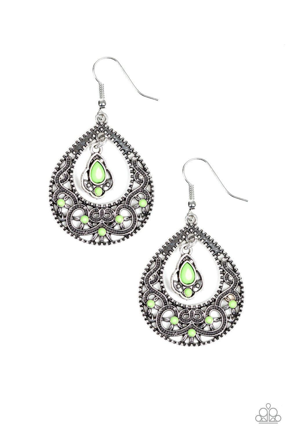 All-Girl GLOW Green and Silver Earrings - Paparazzi Accessories-CarasShop.com - $5 Jewelry by Cara Jewels