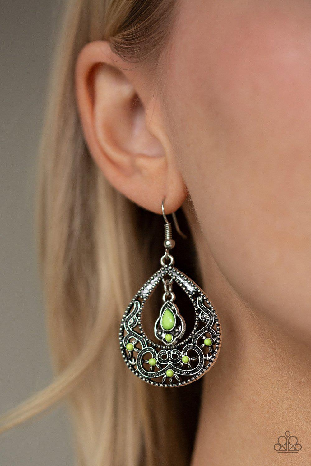 All-Girl GLOW Green and Silver Earrings - Paparazzi Accessories-CarasShop.com - $5 Jewelry by Cara Jewels