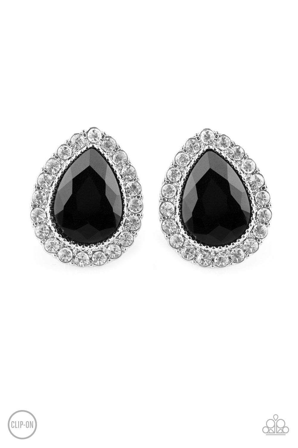 All HAUTE and Bothered Black and White Rhinestone Teardrop Clip-On Earrings - Paparazzi Accessories-CarasShop.com - $5 Jewelry by Cara Jewels