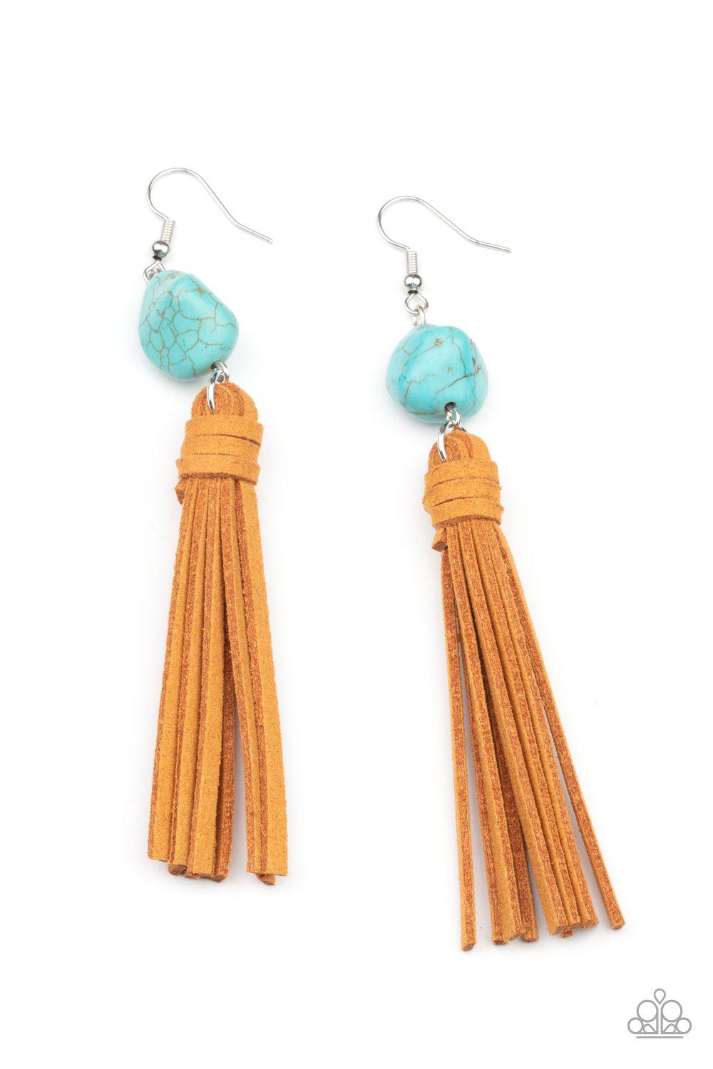 All-Natural Allure Turquoise Blue Stone and Suede Tassel Earrings - Paparazzi Accessories- lightbox - CarasShop.com - $5 Jewelry by Cara Jewels