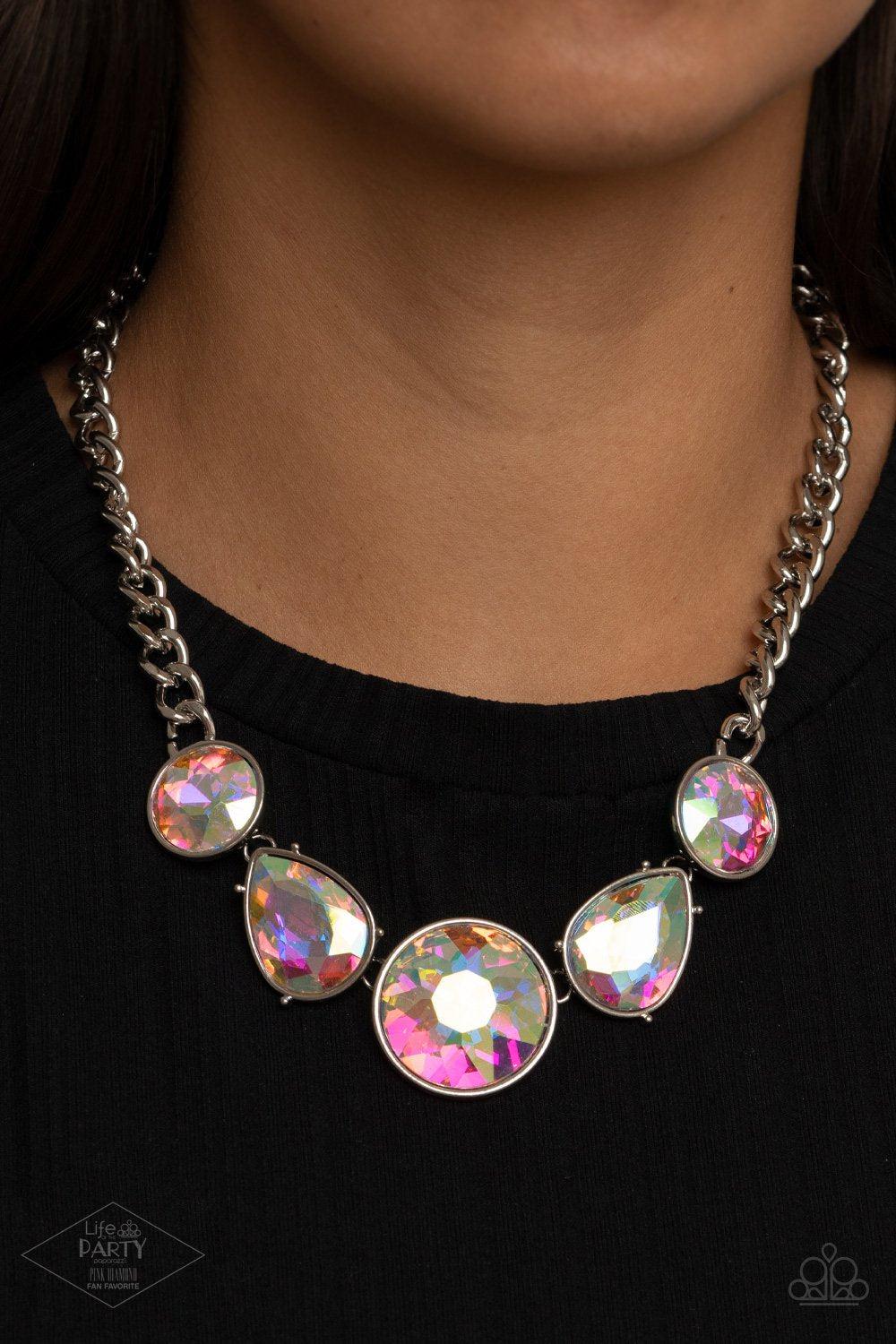 All The World&#39;s My Stage Multi Iridescent Rhinestone Necklace - Paparazzi Accessories- model - CarasShop.com - $5 Jewelry by Cara Jewels