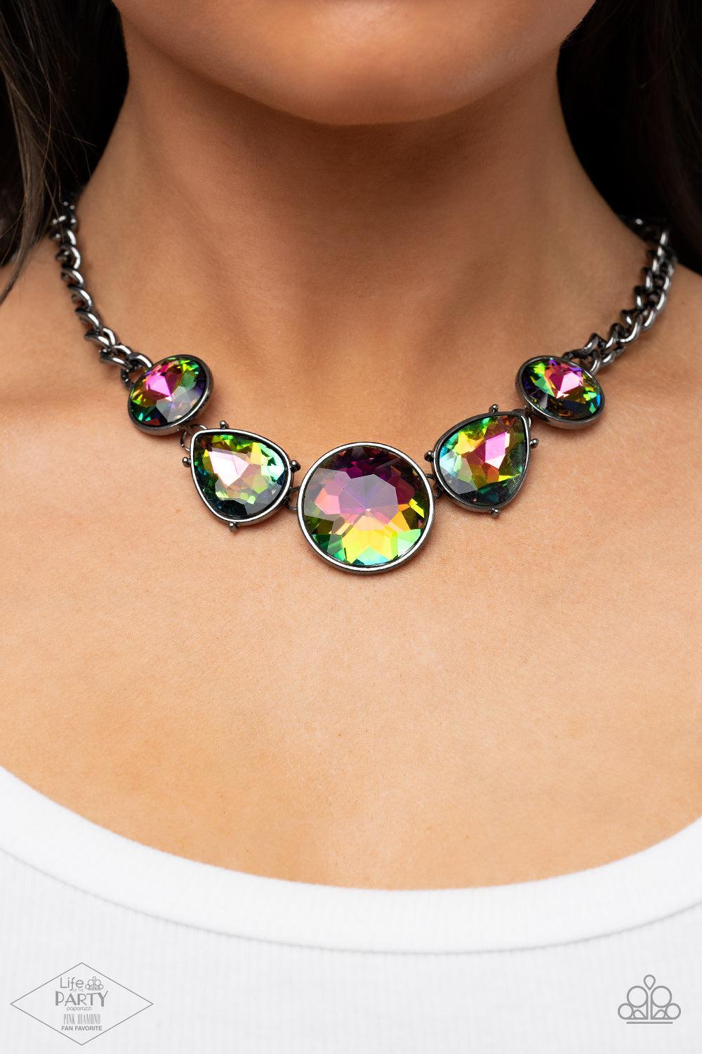 All The Worlds My Stage Multi Oil Spill Rhinestone Necklace - Paparazzi Accessories-on model - CarasShop.com - $5 Jewelry by Cara Jewels