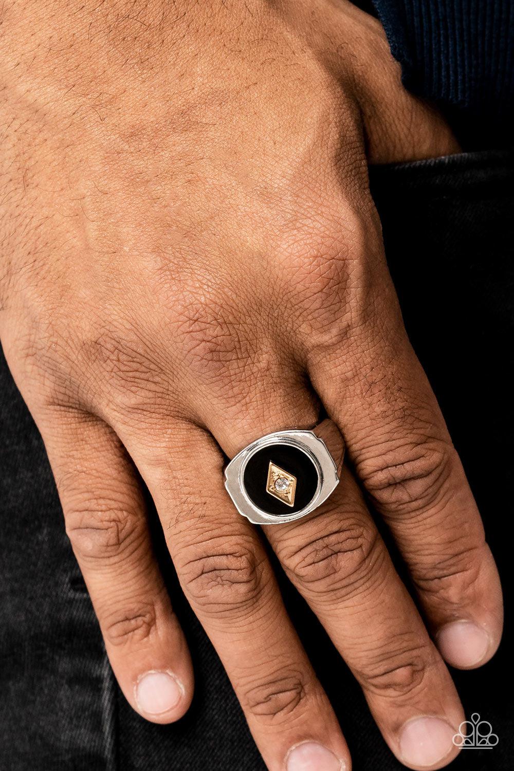 Alumni Men&#39;s Black &amp; Gold Ring - Paparazzi Accessories-on model - CarasShop.com - $5 Jewelry by Cara Jewels