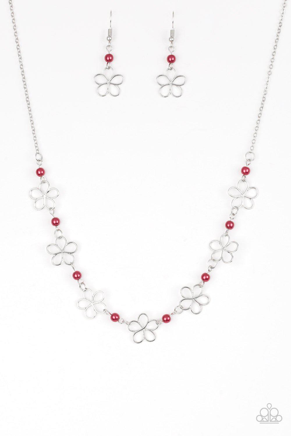 Always Abloom Red and Silver Flower Necklace - Paparazzi Accessories - lightbox -CarasShop.com - $5 Jewelry by Cara Jewels