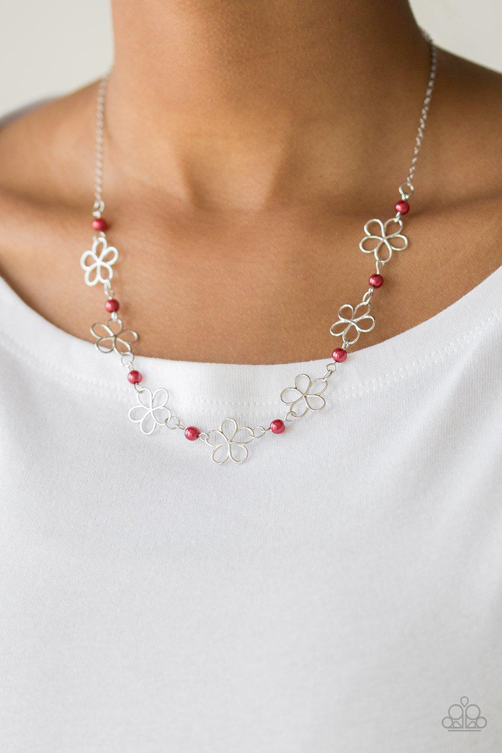 Always Abloom Red and Silver Flower Necklace - Paparazzi Accessories - model -CarasShop.com - $5 Jewelry by Cara Jewels