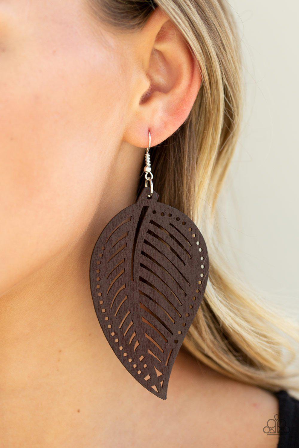 Amazon Zen Brown Wood Leaf Earrings - Paparazzi Accessories-CarasShop.com - $5 Jewelry by Cara Jewels