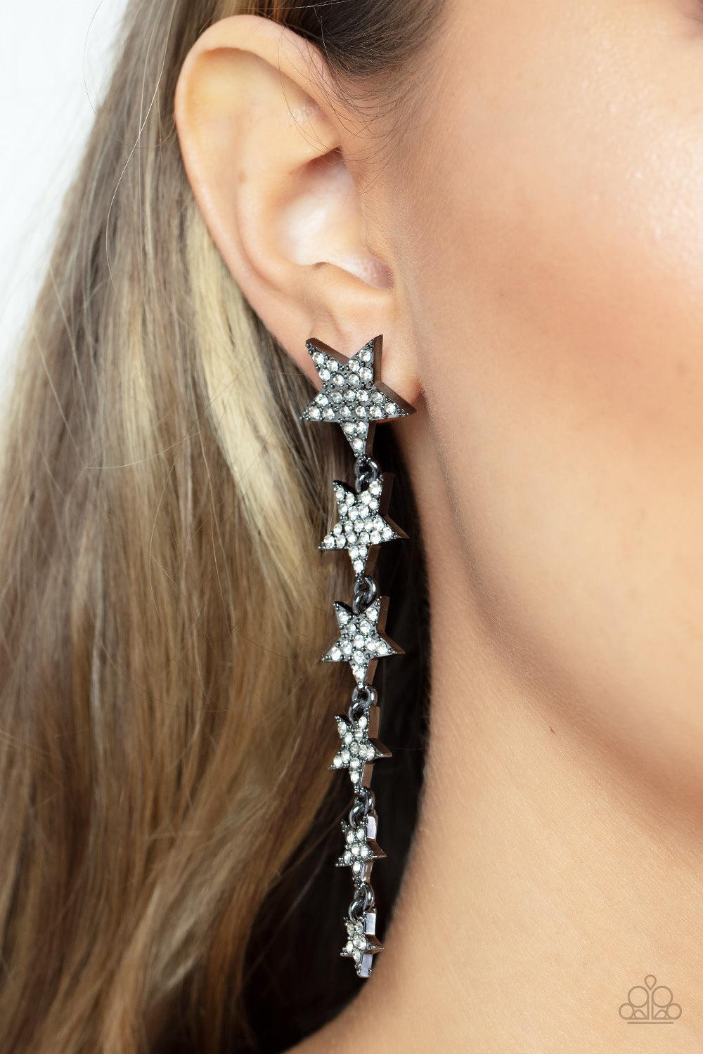 Americana Attitude Black &amp; White Rhinestone Star Earrings - Paparazzi Accessories-on model - CarasShop.com - $5 Jewelry by Cara Jewels