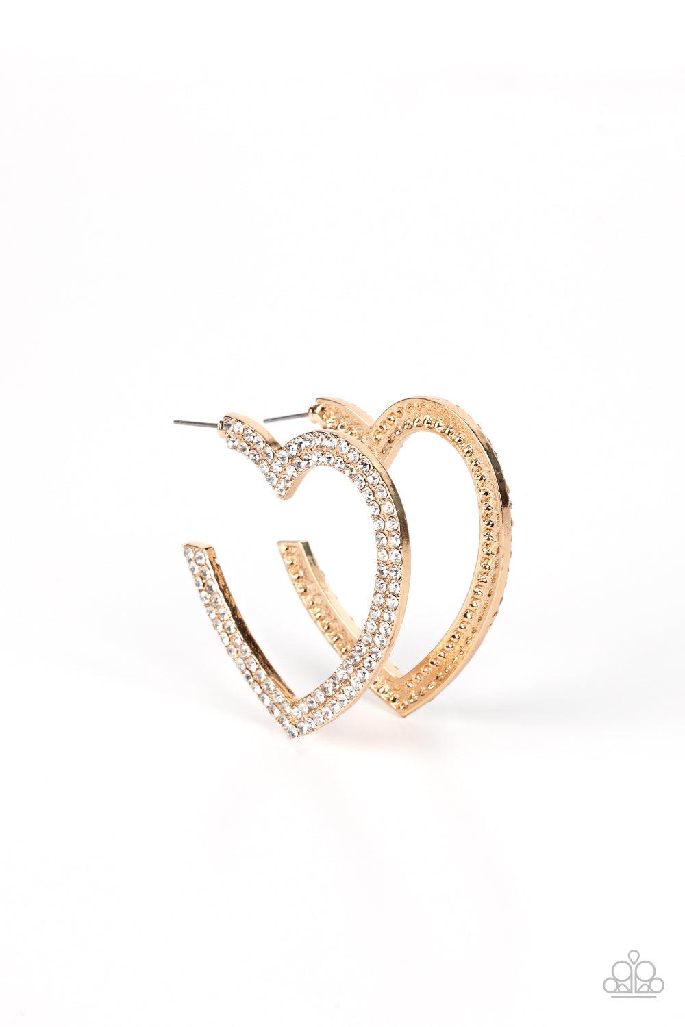 AMORE to Love Gold and White Rhinestone Heart Earrings - Paparazzi Accessories- lightbox - CarasShop.com - $5 Jewelry by Cara Jewels