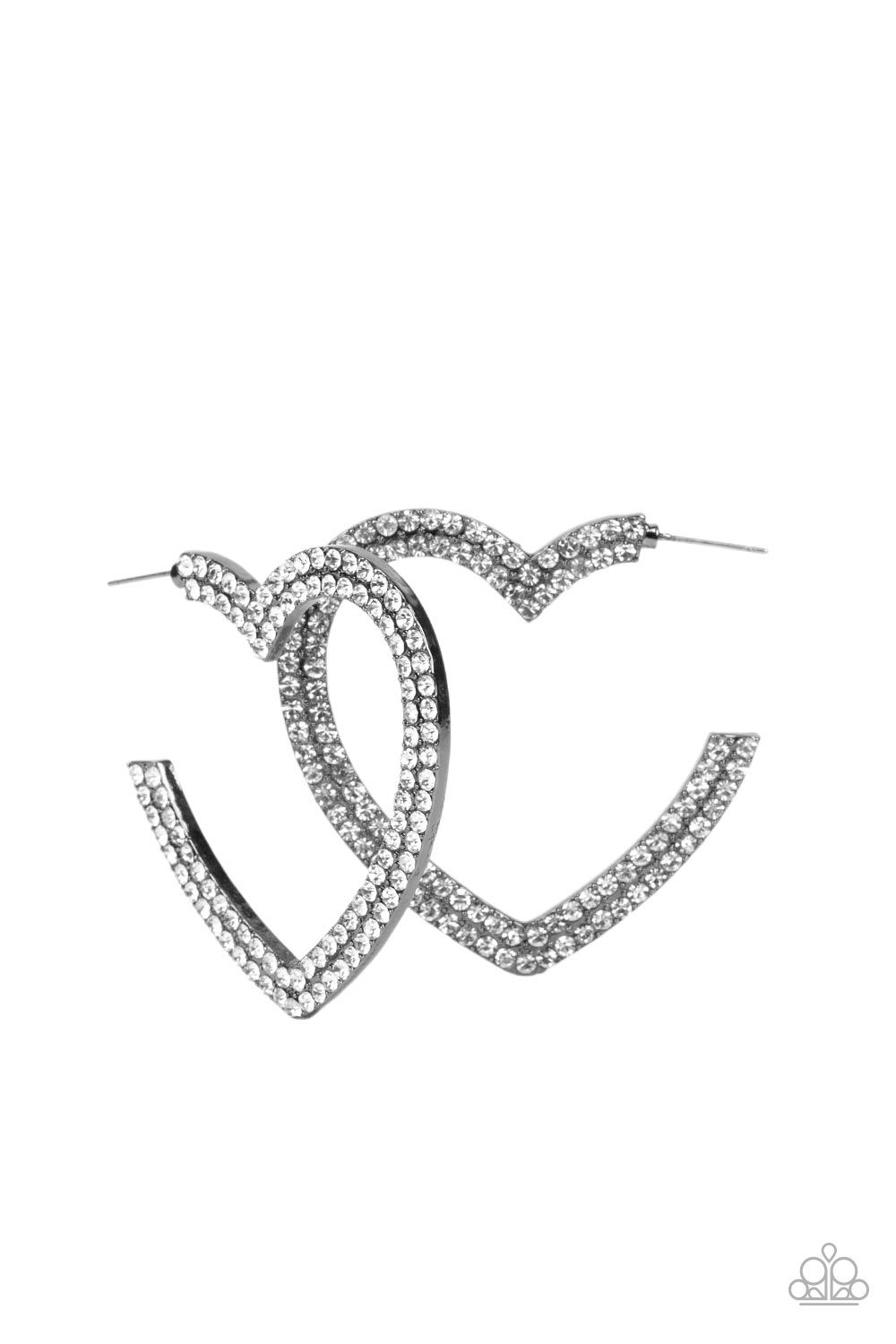 AMORE to Love Gunmetal Black and White Rhinestone Heart Hoop Earrings - Paparazzi Accessories- lightbox - CarasShop.com - $5 Jewelry by Cara Jewels
