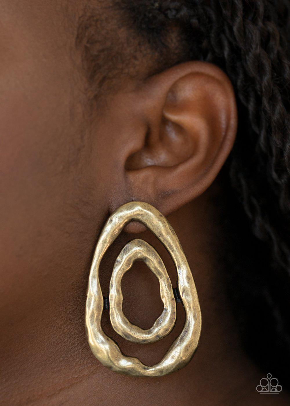 Ancient Ruins Brass Post Earrings - Paparazzi Accessories - lightbox -CarasShop.com - $5 Jewelry by Cara Jewels