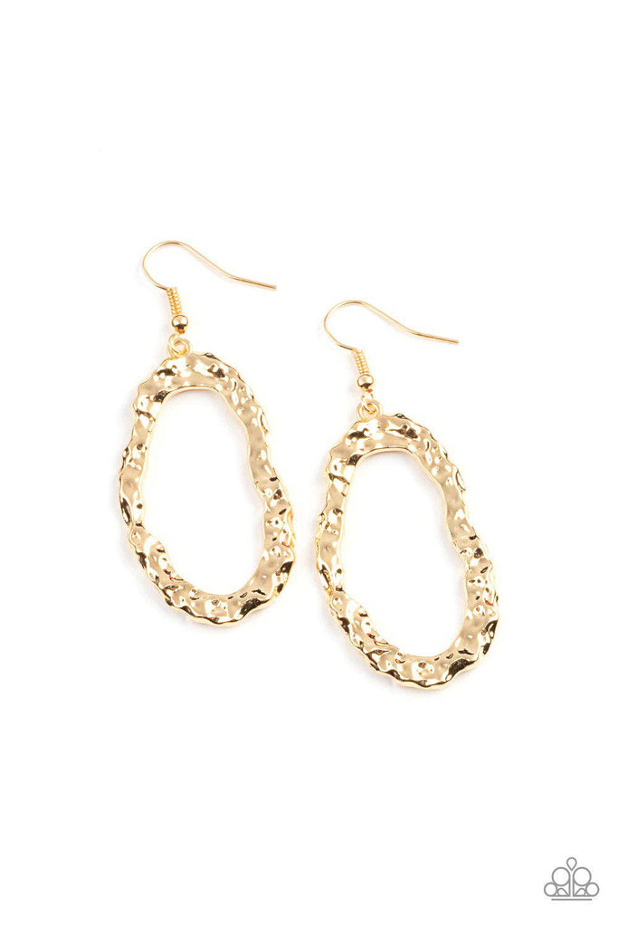 Paparazzi Earrings - Paparazzi Artifact Checker Gold Earrings | CarasShop