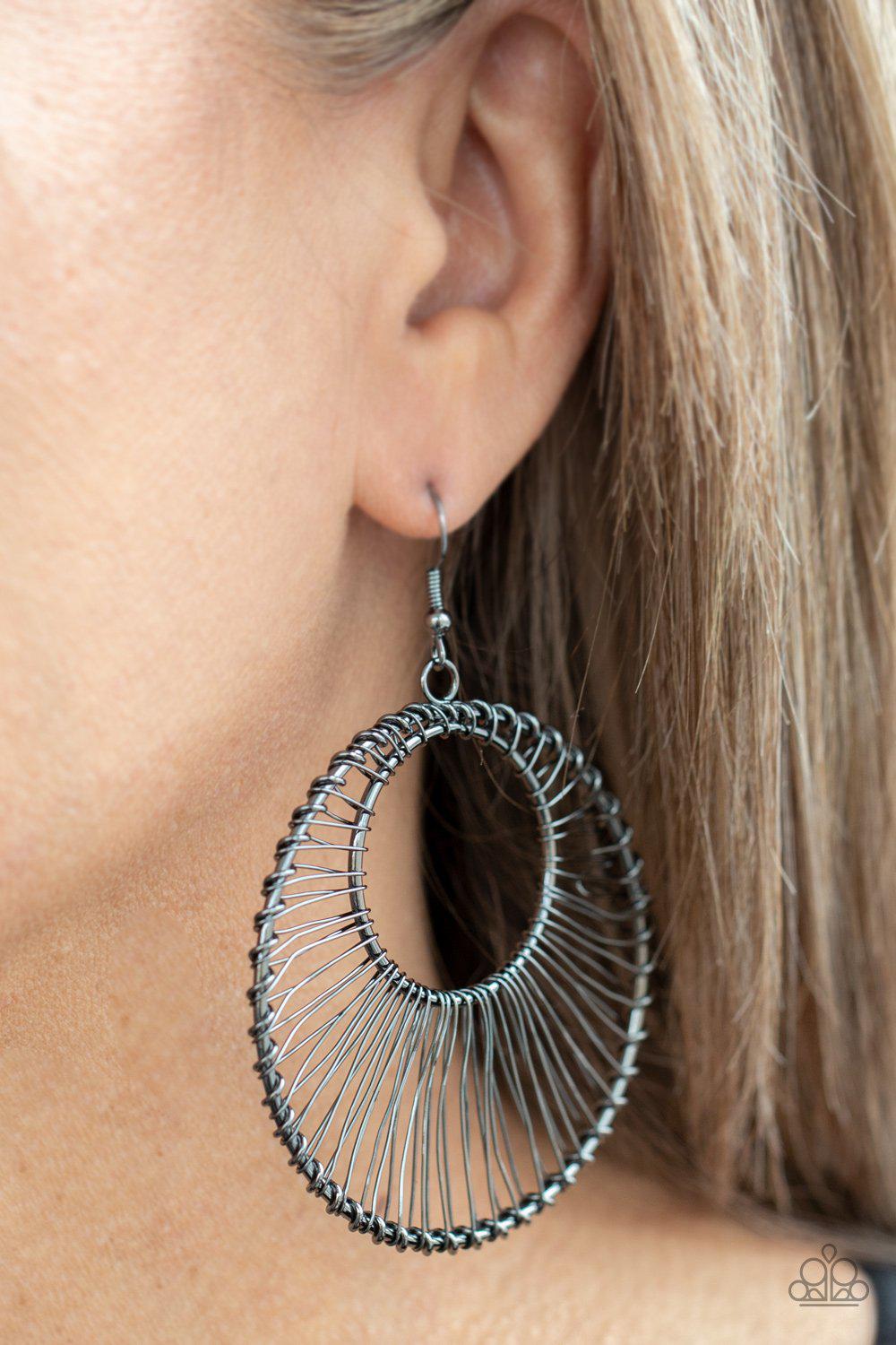 Artisan Applique Gunmetal Black Wire Hoop Earrings - Paparazzi Accessories- model - CarasShop.com - $5 Jewelry by Cara Jewels