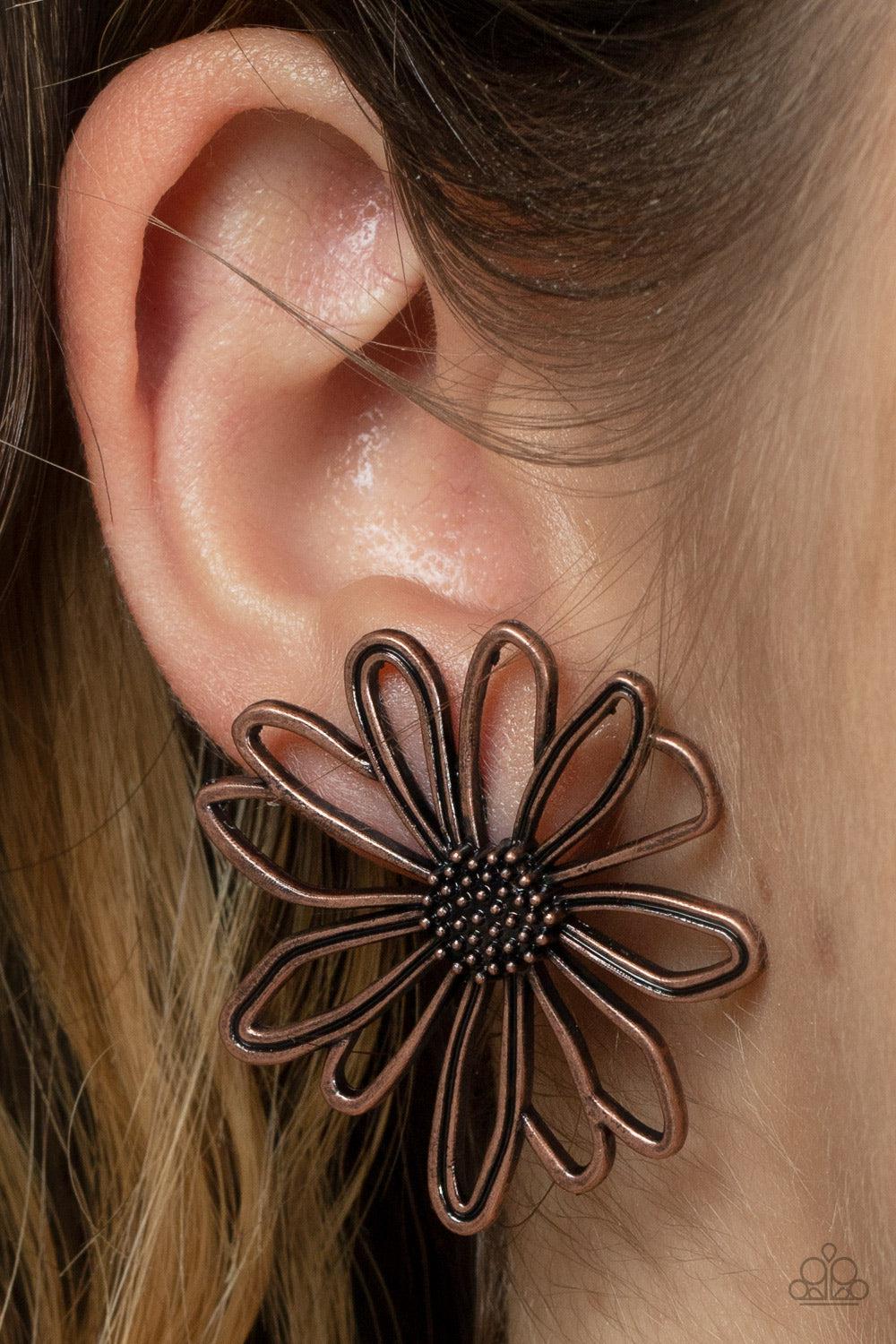 Artisan Arbor Copper Flower Earrings - Paparazzi Accessories- on model - CarasShop.com - $5 Jewelry by Cara Jewels