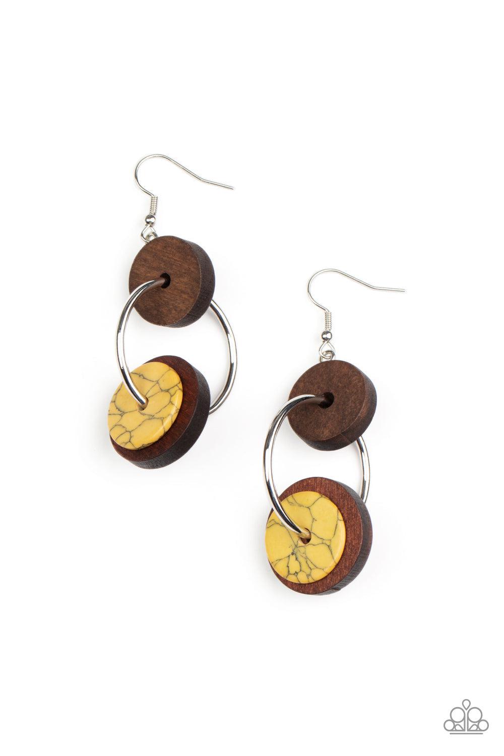 Artisanal Aesthetic Yellow Stone and Brown Wood Earrings - Paparazzi Accessories- lightbox - CarasShop.com - $5 Jewelry by Cara Jewels