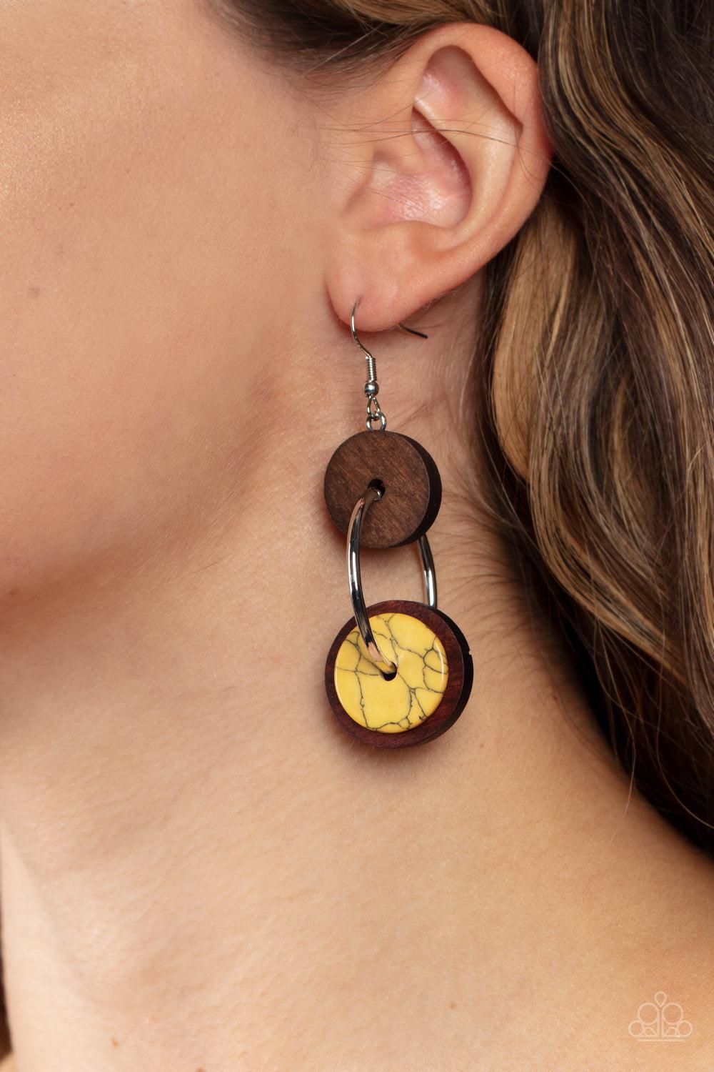 Artisanal Aesthetic Yellow Stone and Brown Wood Earrings - Paparazzi Accessories-on model - CarasShop.com - $5 Jewelry by Cara Jewels