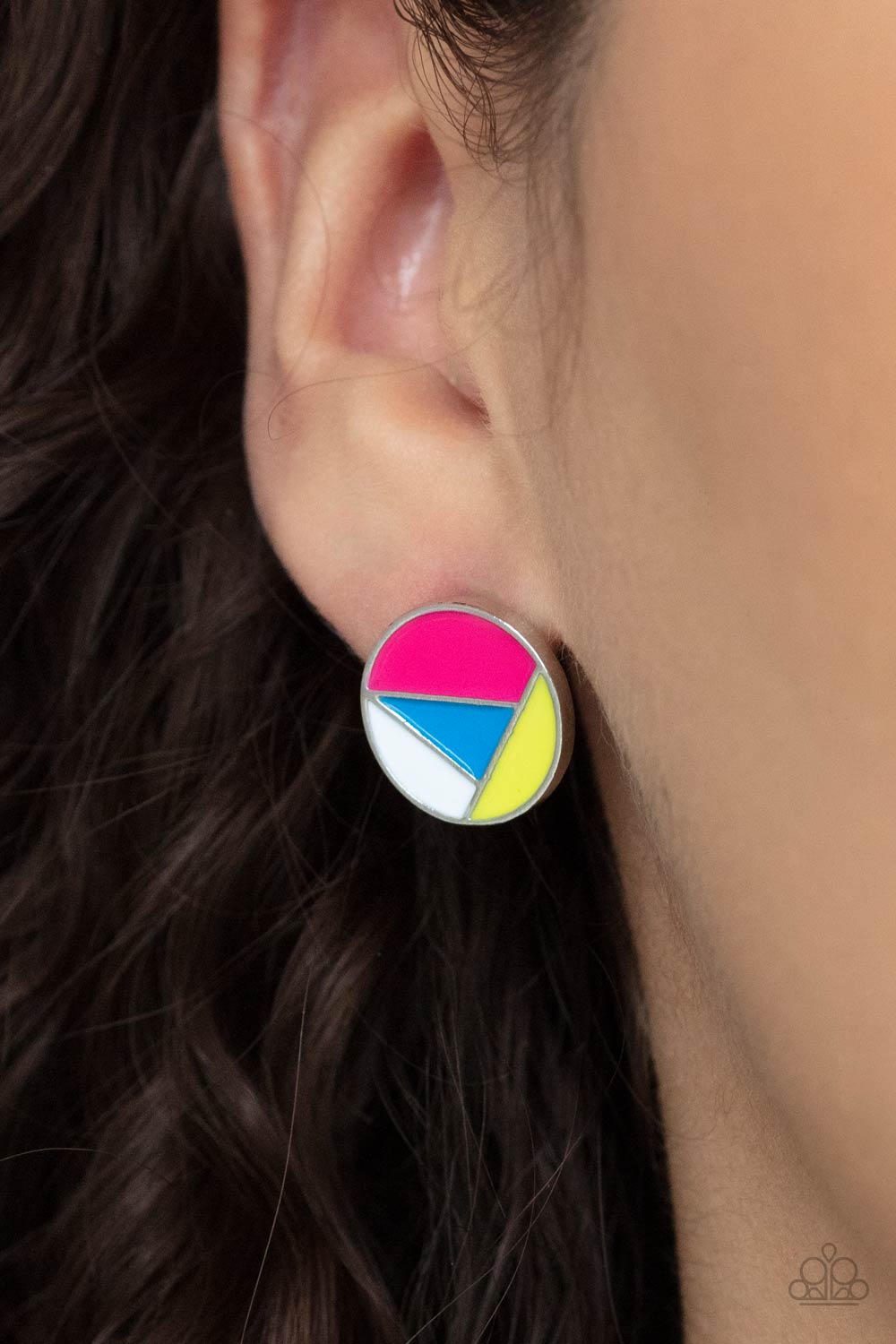 Artistic Expression Multi Pink, Blue and Yellow Post Earrings - Paparazzi Accessories- model - CarasShop.com - $5 Jewelry by Cara Jewels