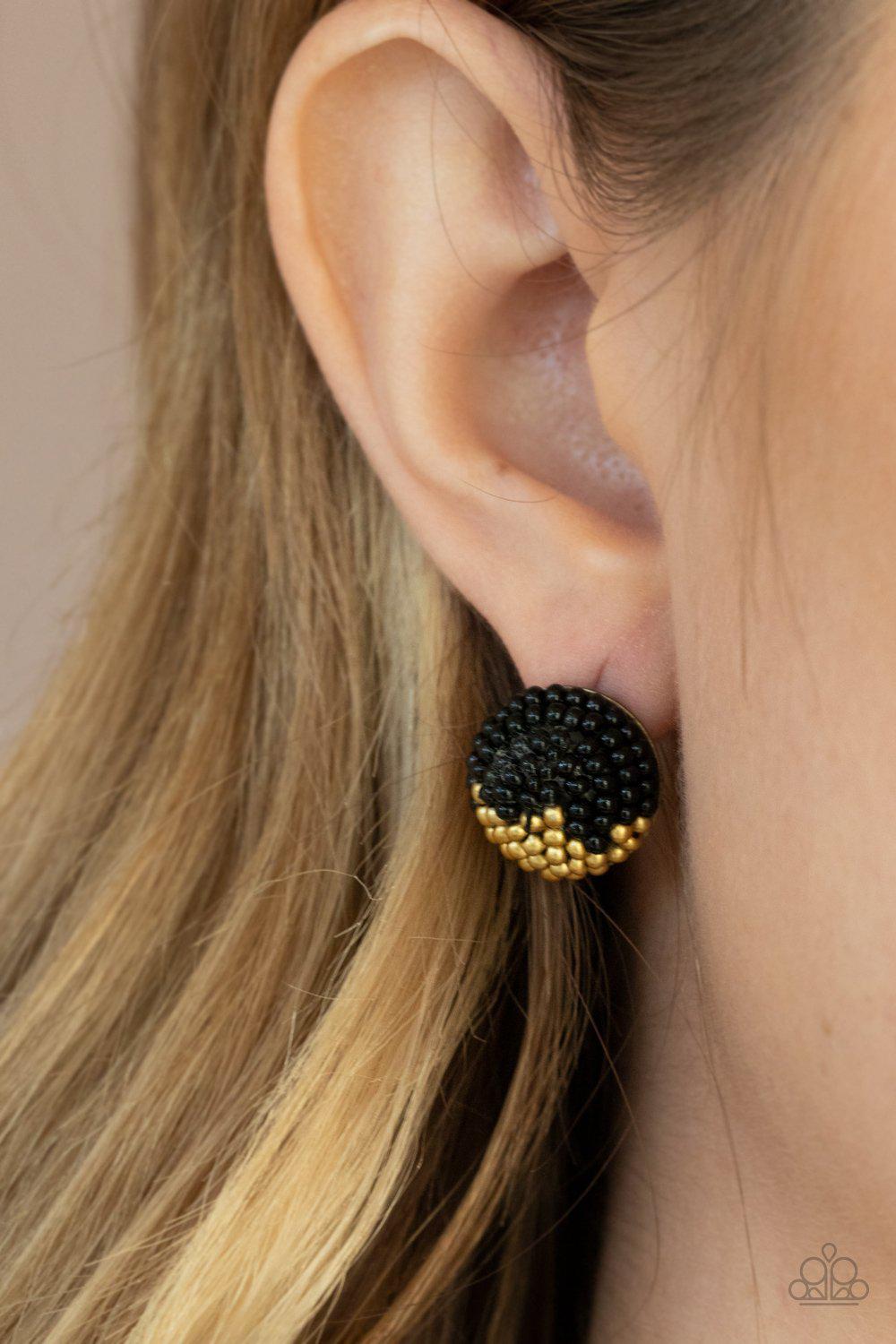 As Happy As Can BEAD Black and Brass Seed Bead Post Earrings - Paparazzi Accessories - model -CarasShop.com - $5 Jewelry by Cara Jewels