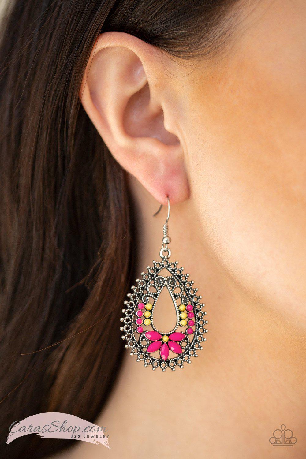 Atta-GALA - Pink and Yellow Bead Earrings - Paparazzi Accessories-CarasShop.com - $5 Jewelry by Cara Jewels