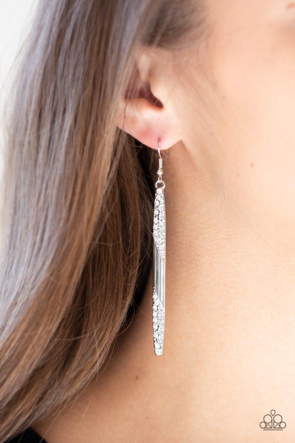 Award Show Attitude Silver and White Earrings - Paparazzi Accessories-CarasShop.com - $5 Jewelry by Cara Jewels