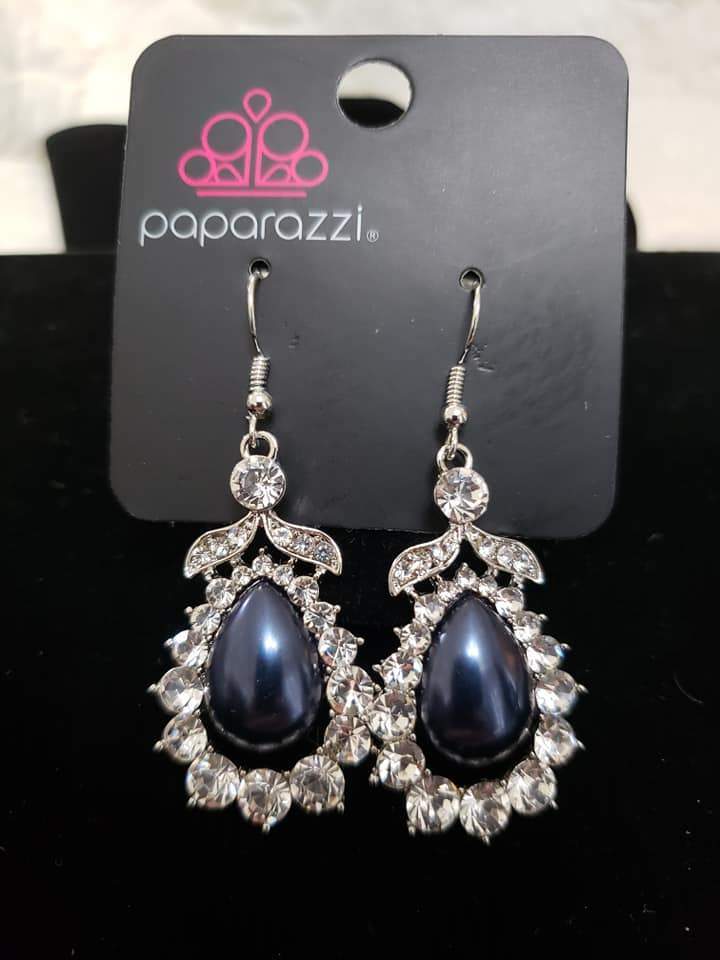 Award Winning Shimmer Navy Blue Pearl Teardrop Earrings - Paparazzi Accessories-CarasShop.com - $5 Jewelry by Cara Jewels