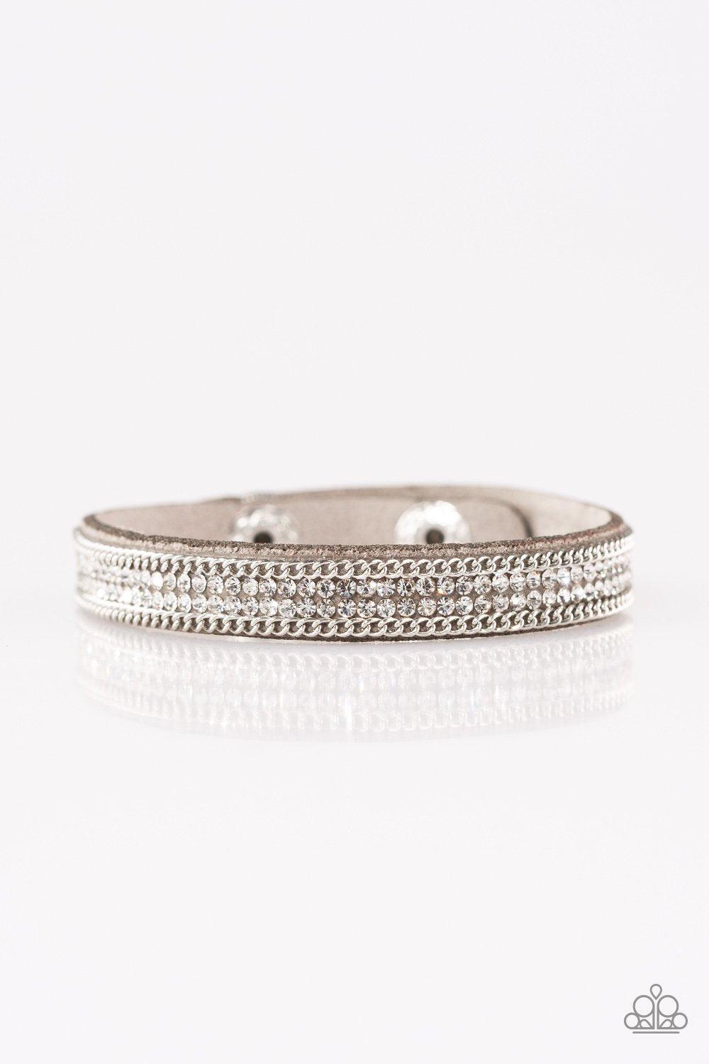 Babe Bling Silver and Rhinestone Narrow Wrap Snap Bracelet - Paparazzi Accessories-CarasShop.com - $5 Jewelry by Cara Jewels