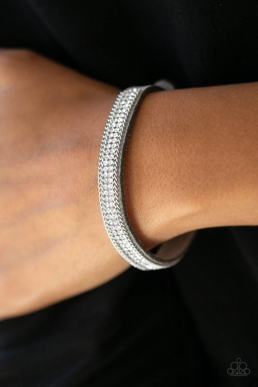 Babe Bling Silver and Rhinestone Narrow Wrap Snap Bracelet - Paparazzi Accessories-CarasShop.com - $5 Jewelry by Cara Jewels