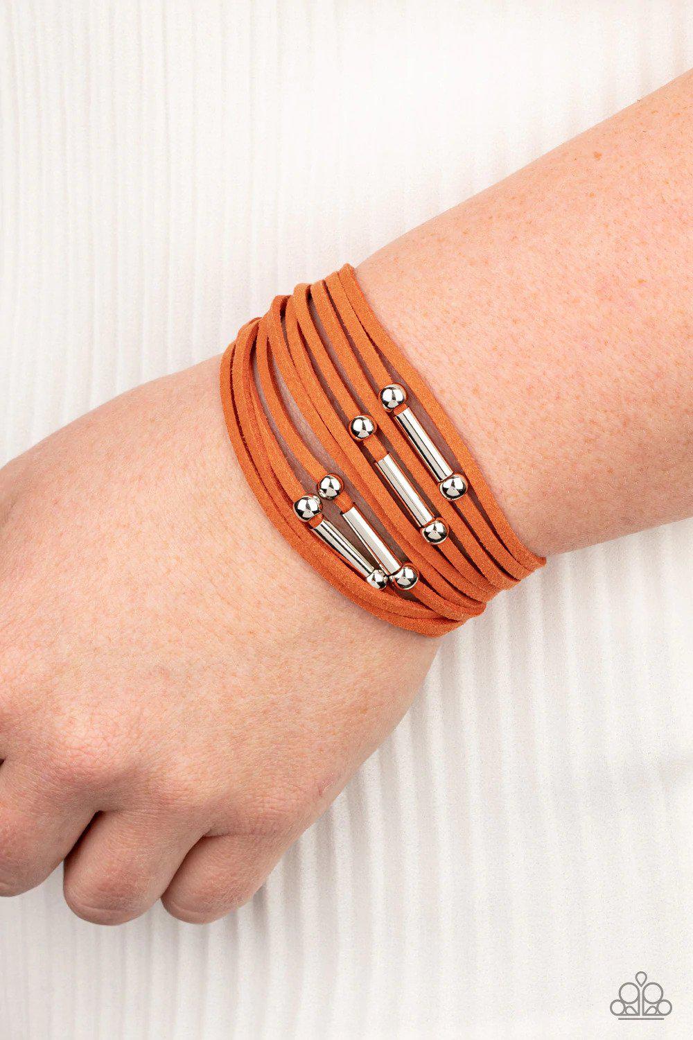 Back To BACKPACKER Orange Suede and Silver Urban Bracelet - Paparazzi Accessories- on model - CarasShop.com - $5 Jewelry by Cara Jewels