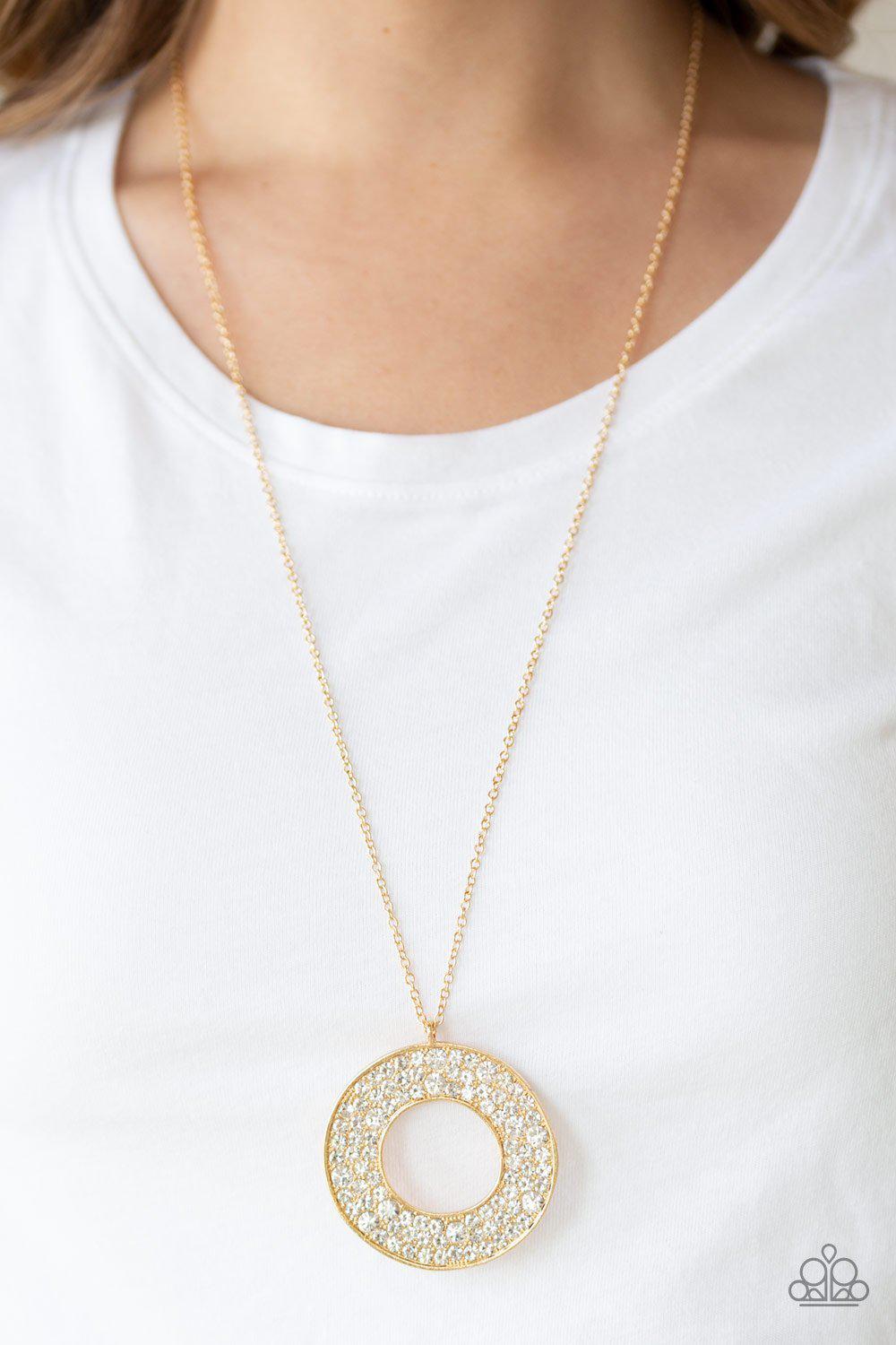 Bad HEIR Day Gold and White Rhinestone Necklace - Paparazzi Accessories-CarasShop.com - $5 Jewelry by Cara Jewels