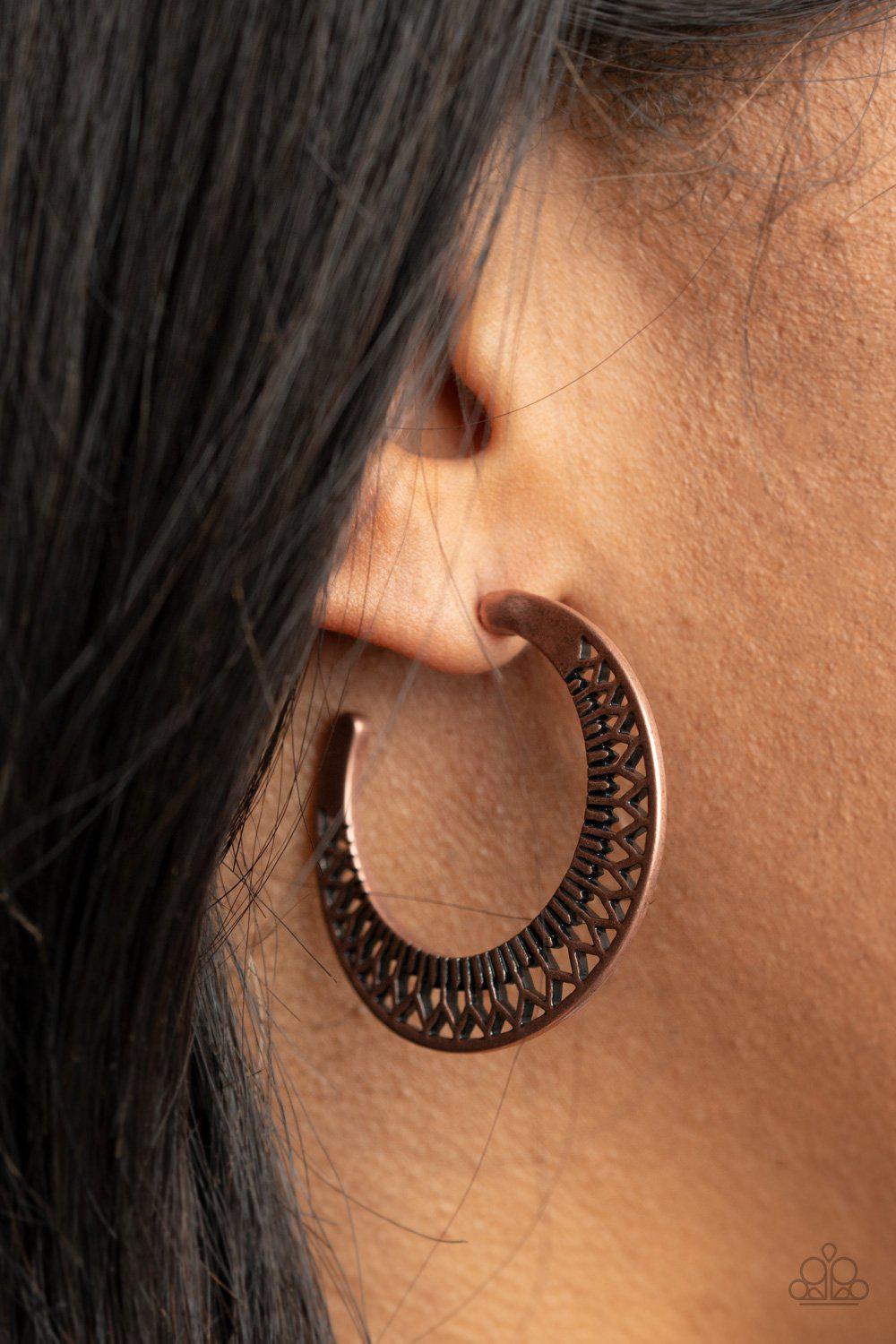 Bada BLOOM! Copper Filigree Hoop Earrings - Paparazzi Accessories- model - CarasShop.com - $5 Jewelry by Cara Jewels