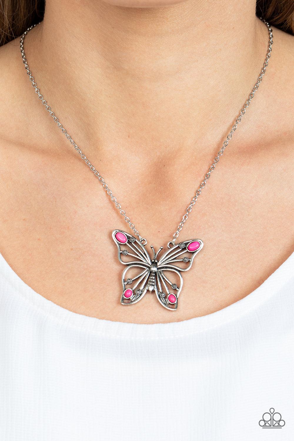Badlands Butterfly Pink Stone Necklace - Paparazzi Accessories-on model - CarasShop.com - $5 Jewelry by Cara Jewels