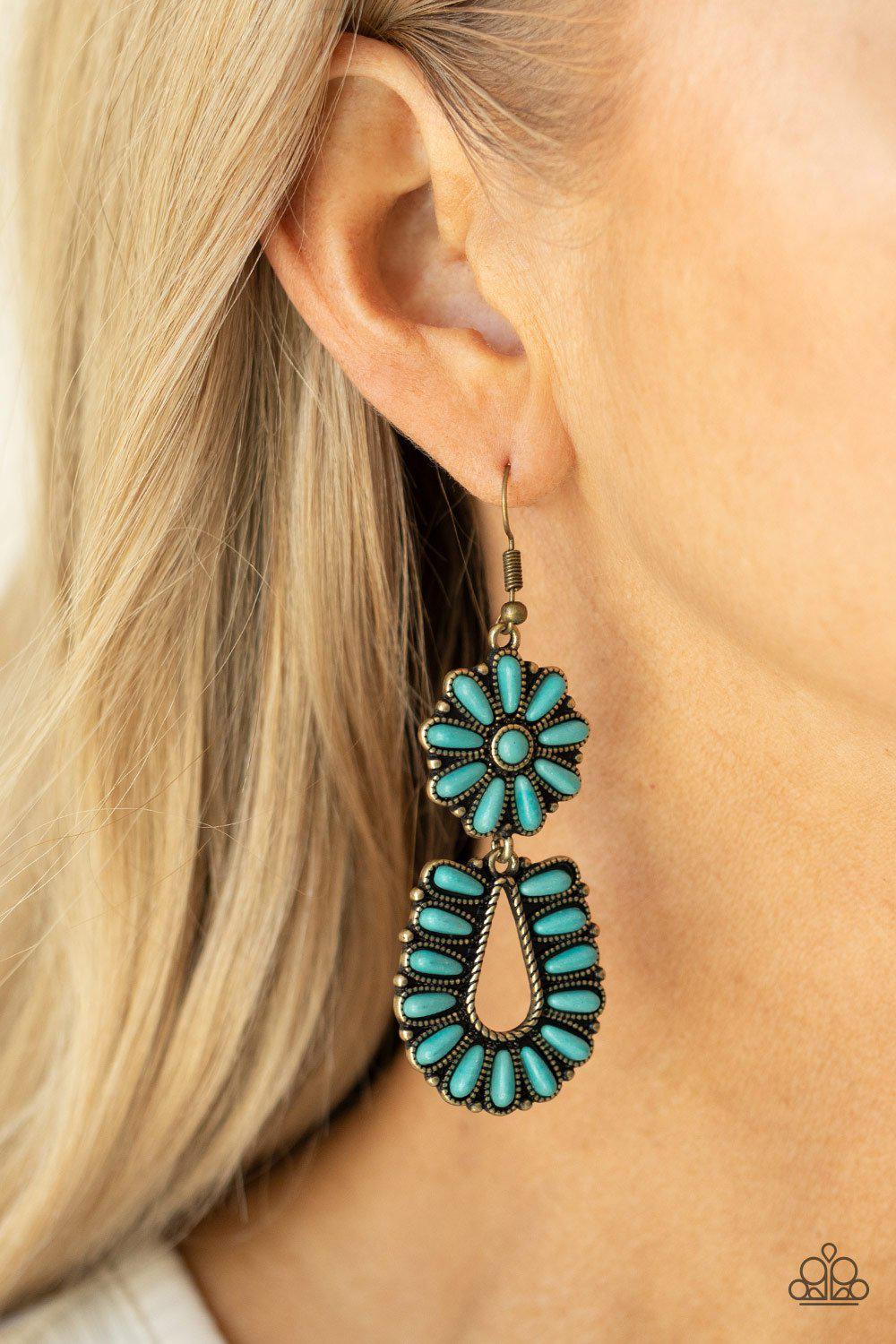 Badlands Eden Brass and Turquoise Blue Stone Earrings - Paparazzi Accessories 2021 Convention Exclusive- lightbox - CarasShop.com - $5 Jewelry by Cara Jewels