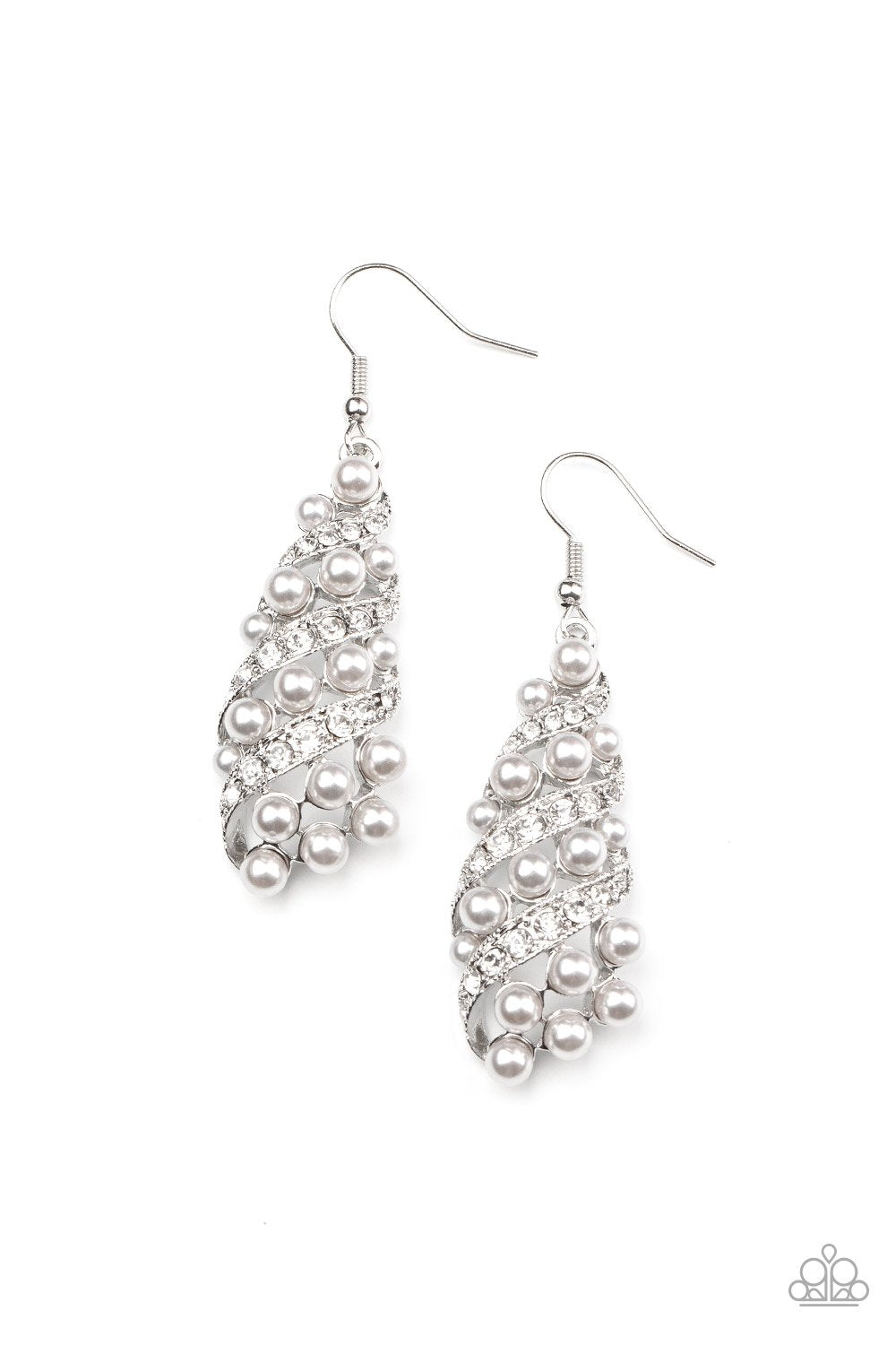 Ballroom Waltz Silver Pearl and White Rhinestone Earrings - Paparazzi Accessories-CarasShop.com - $5 Jewelry by Cara Jewels