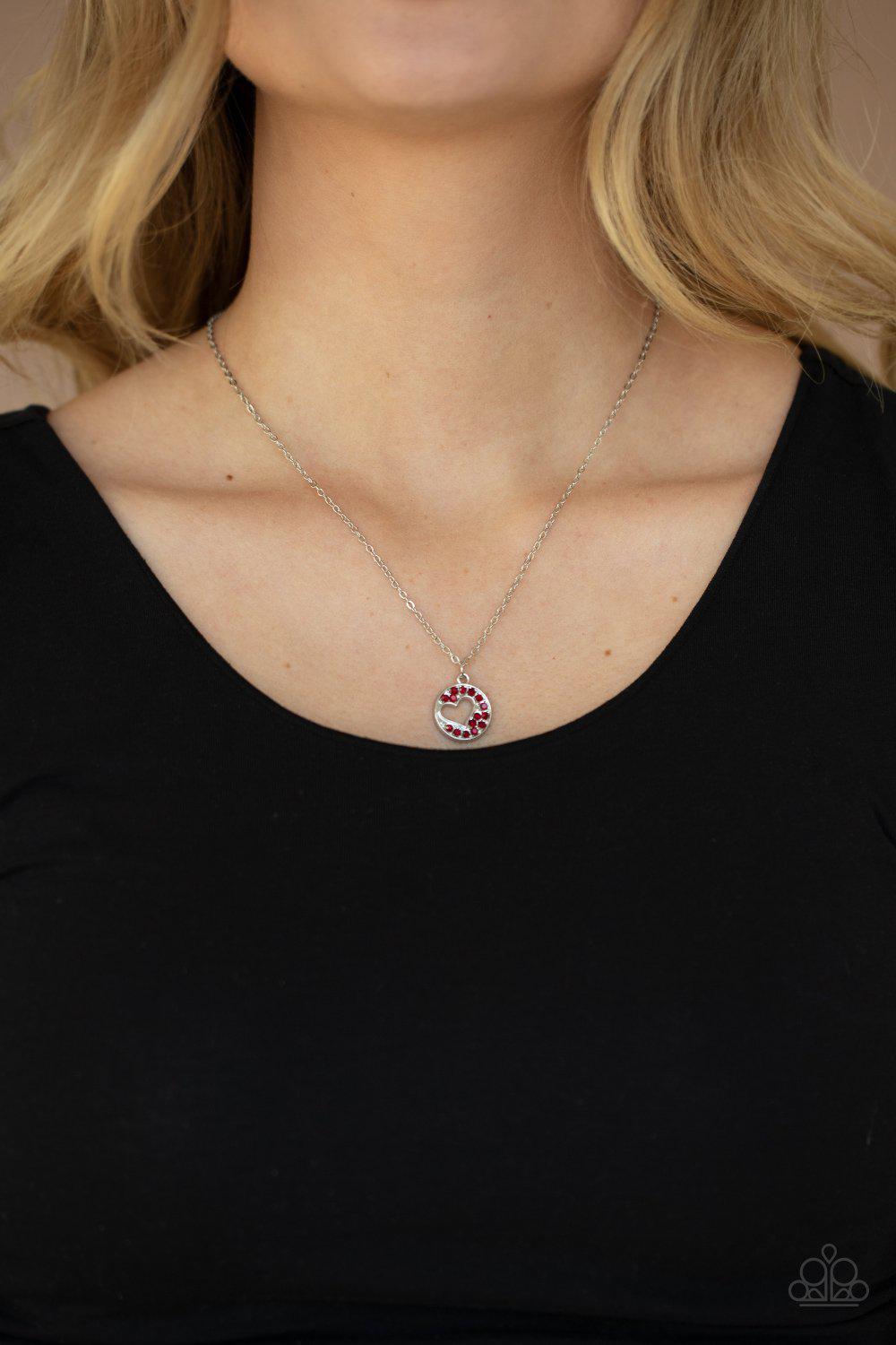 Bare Your Heart Red Rhinestone Heart Necklace - Paparazzi Accessories - lightbox -CarasShop.com - $5 Jewelry by Cara Jewels