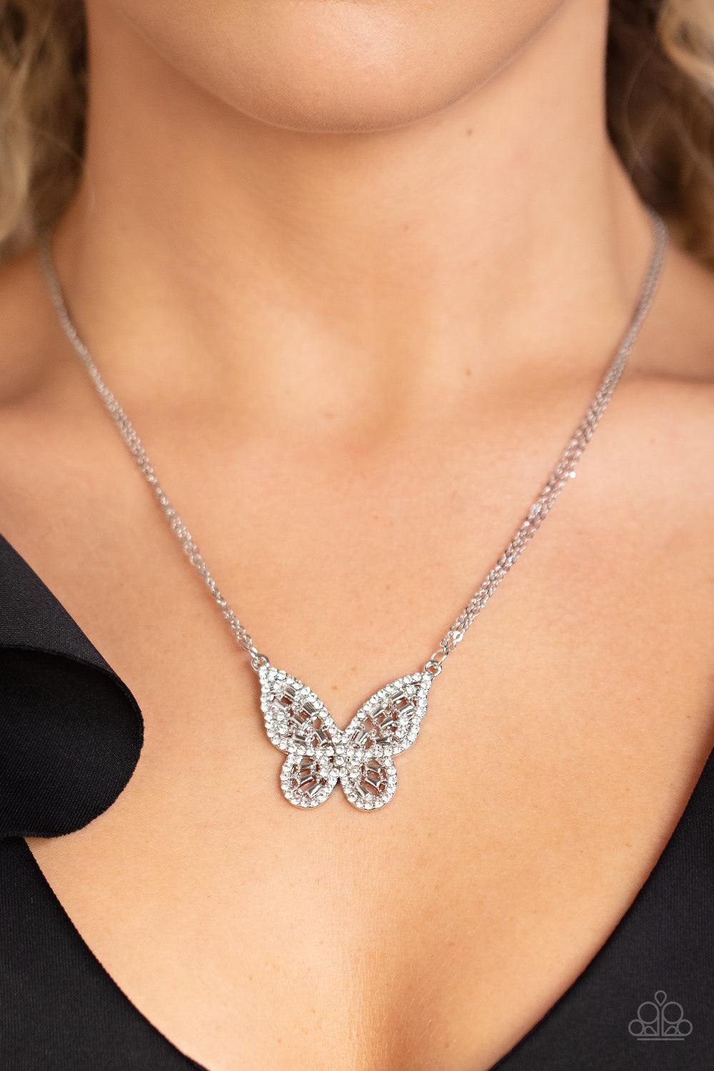 Baroque Butterfly White Rhinestone Necklace - Paparazzi Accessories-on model - CarasShop.com - $5 Jewelry by Cara Jewels
