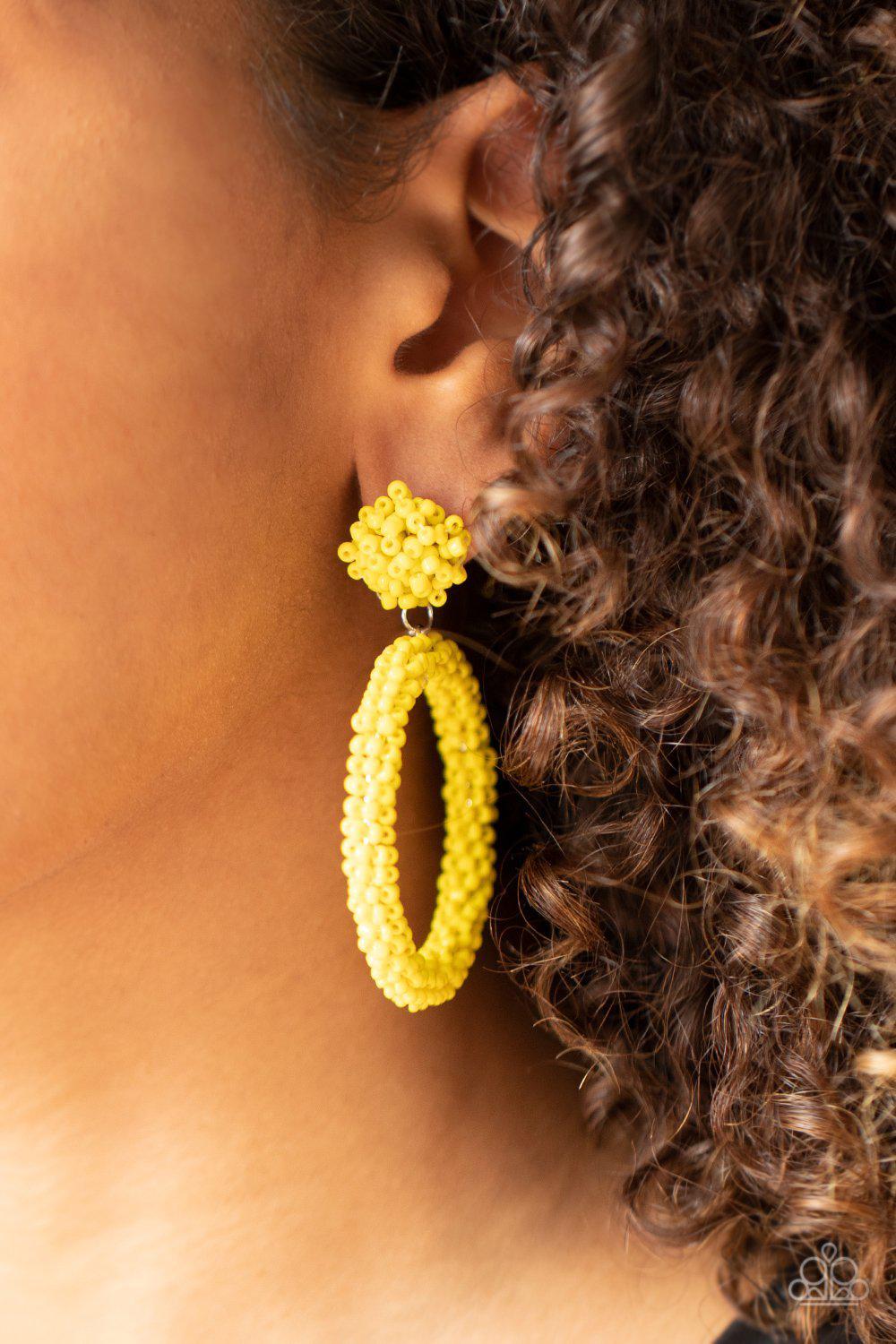 Be All You Can BEAD Yellow Seed Bead Earrings - Paparazzi Accessories- model - CarasShop.com - $5 Jewelry by Cara Jewels