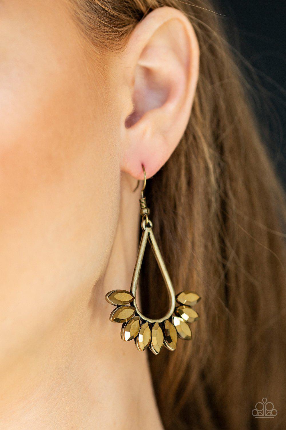 Be On Guard Brass Earrings - Paparazzi Accessories - model -CarasShop.com - $5 Jewelry by Cara Jewels