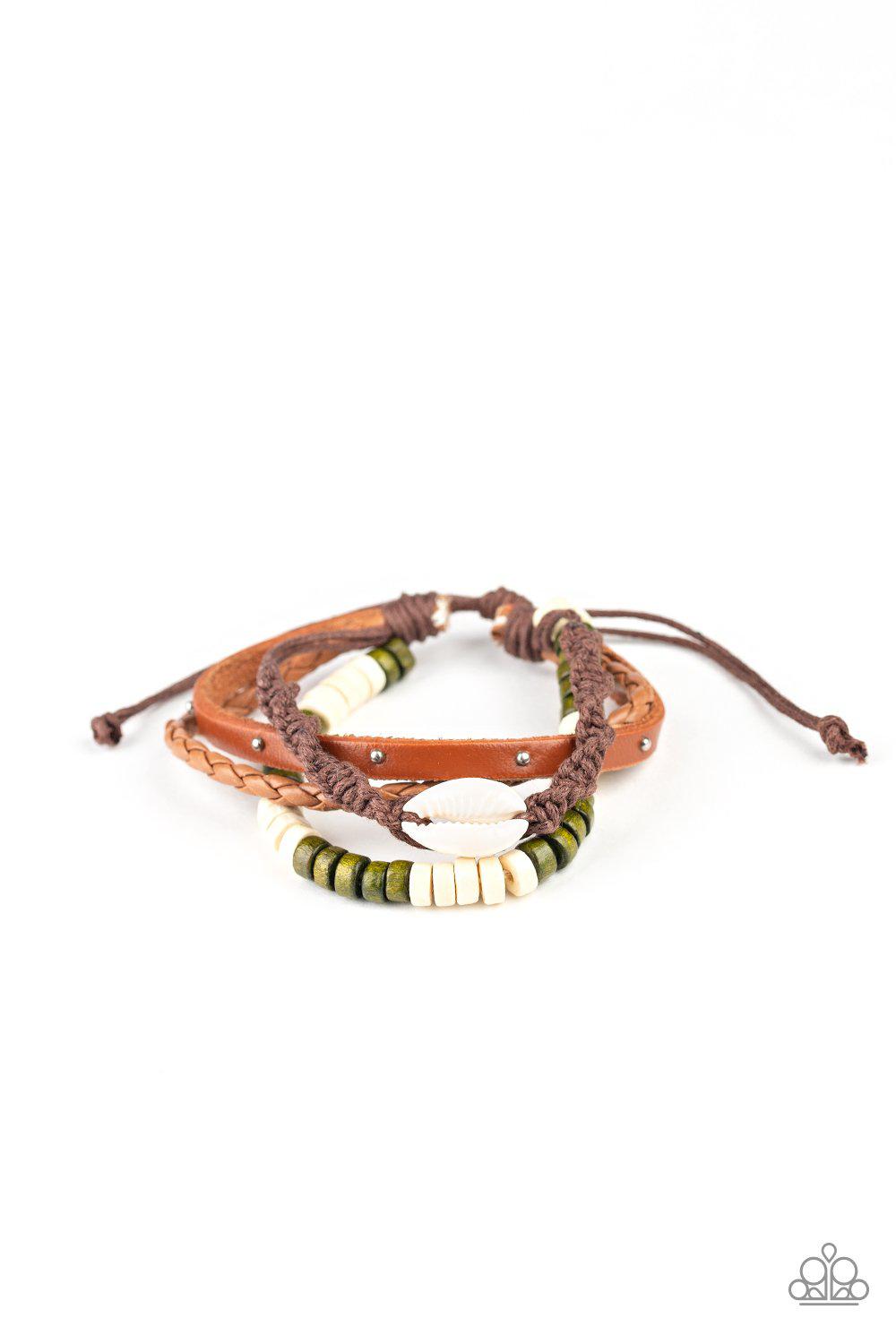Beach Bounty Green and White Shell Brown Leather Urban Knot Bracelet - Paparazzi Accessories-CarasShop.com - $5 Jewelry by Cara Jewels