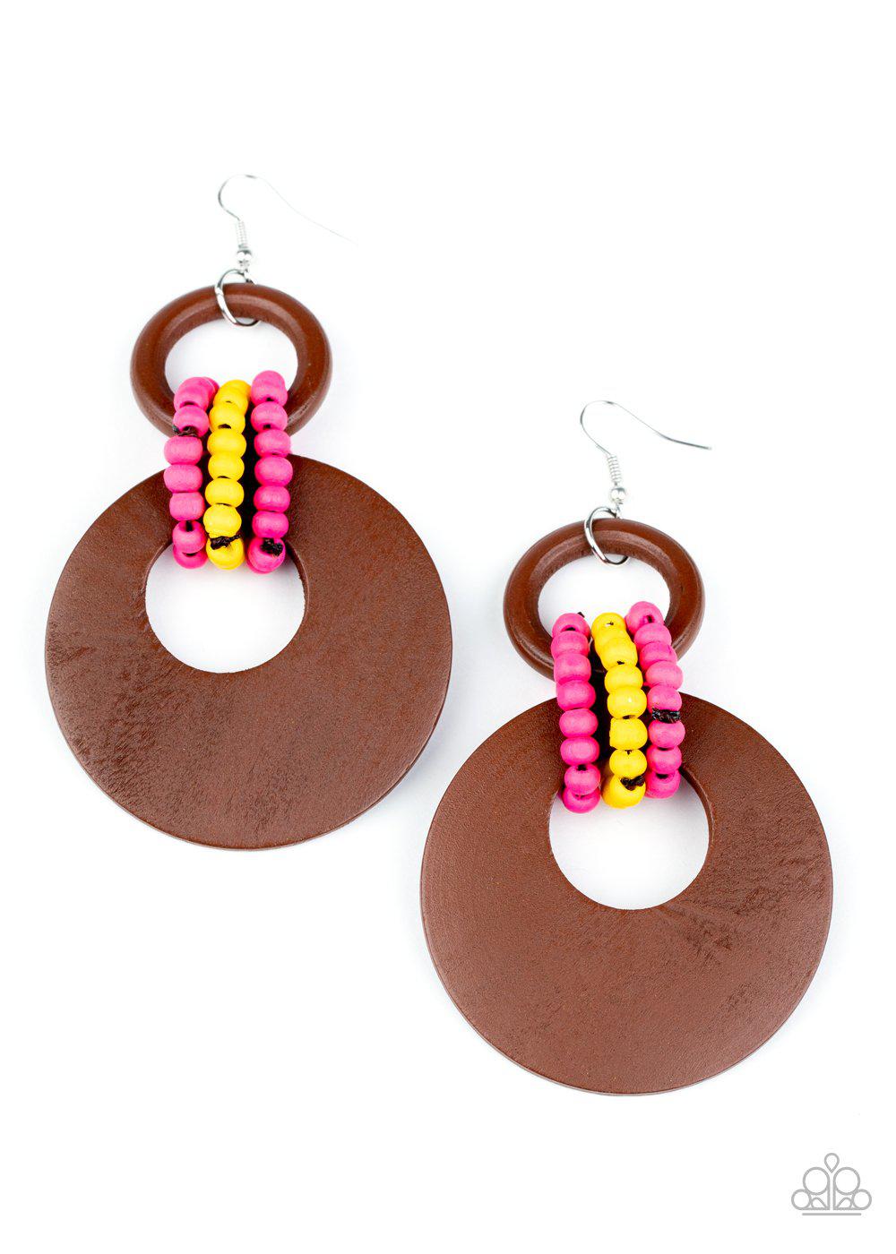 Beach Day Drama Multi - Pink, Yellow and Brown Wood Earrings - Paparazzi Accessories - lightbox -CarasShop.com - $5 Jewelry by Cara Jewels