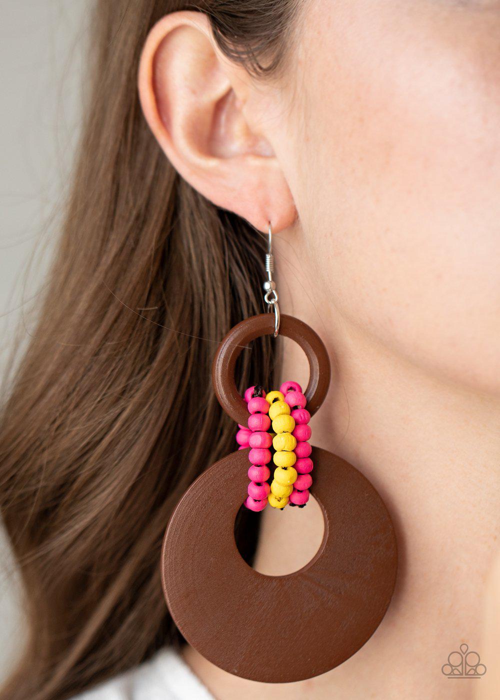 Beach Day Drama Multi - Pink, Yellow and Brown Wood Earrings - Paparazzi Accessories - model -CarasShop.com - $5 Jewelry by Cara Jewels
