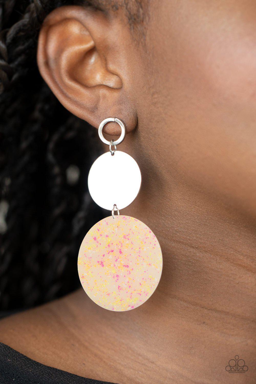 Beach Day Glow Yellow and Silver Acrylic Earrings - Paparazzi Accessories - model -CarasShop.com - $5 Jewelry by Cara Jewels