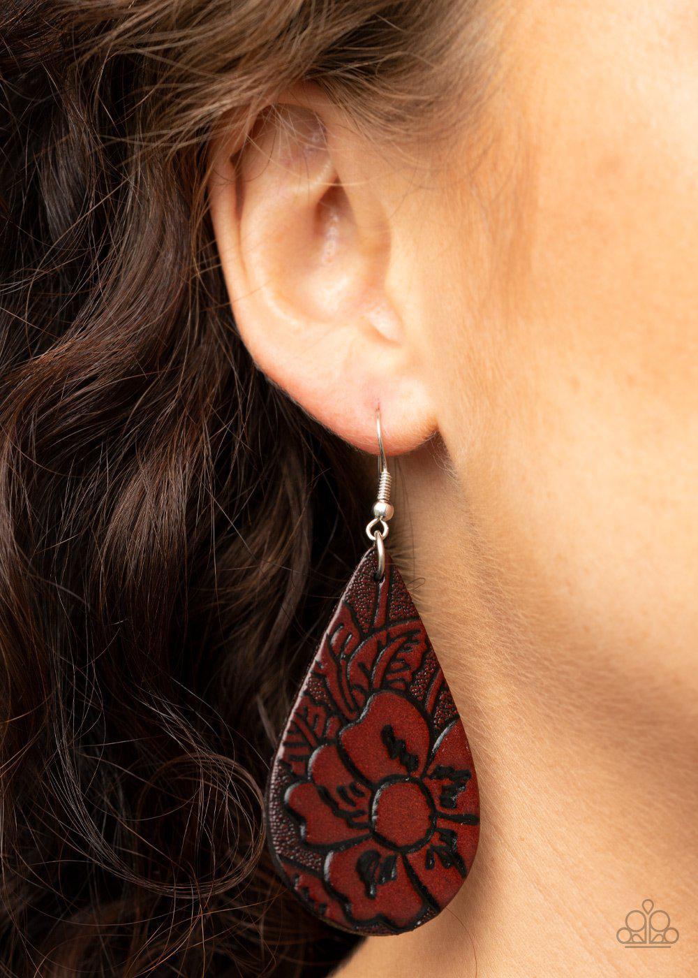 Beach Garden Brown Leather Teardrop Earrings - Paparazzi Accessories - model -CarasShop.com - $5 Jewelry by Cara Jewels
