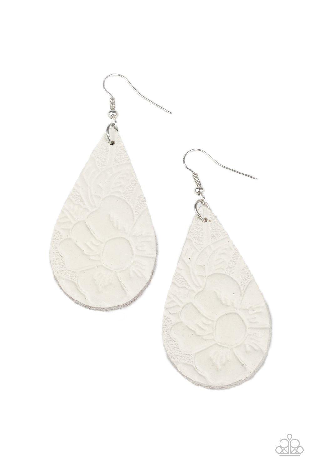 Beach Garden White Leather Teardrop Earrings - Paparazzi Accessories - lightbox -CarasShop.com - $5 Jewelry by Cara Jewels