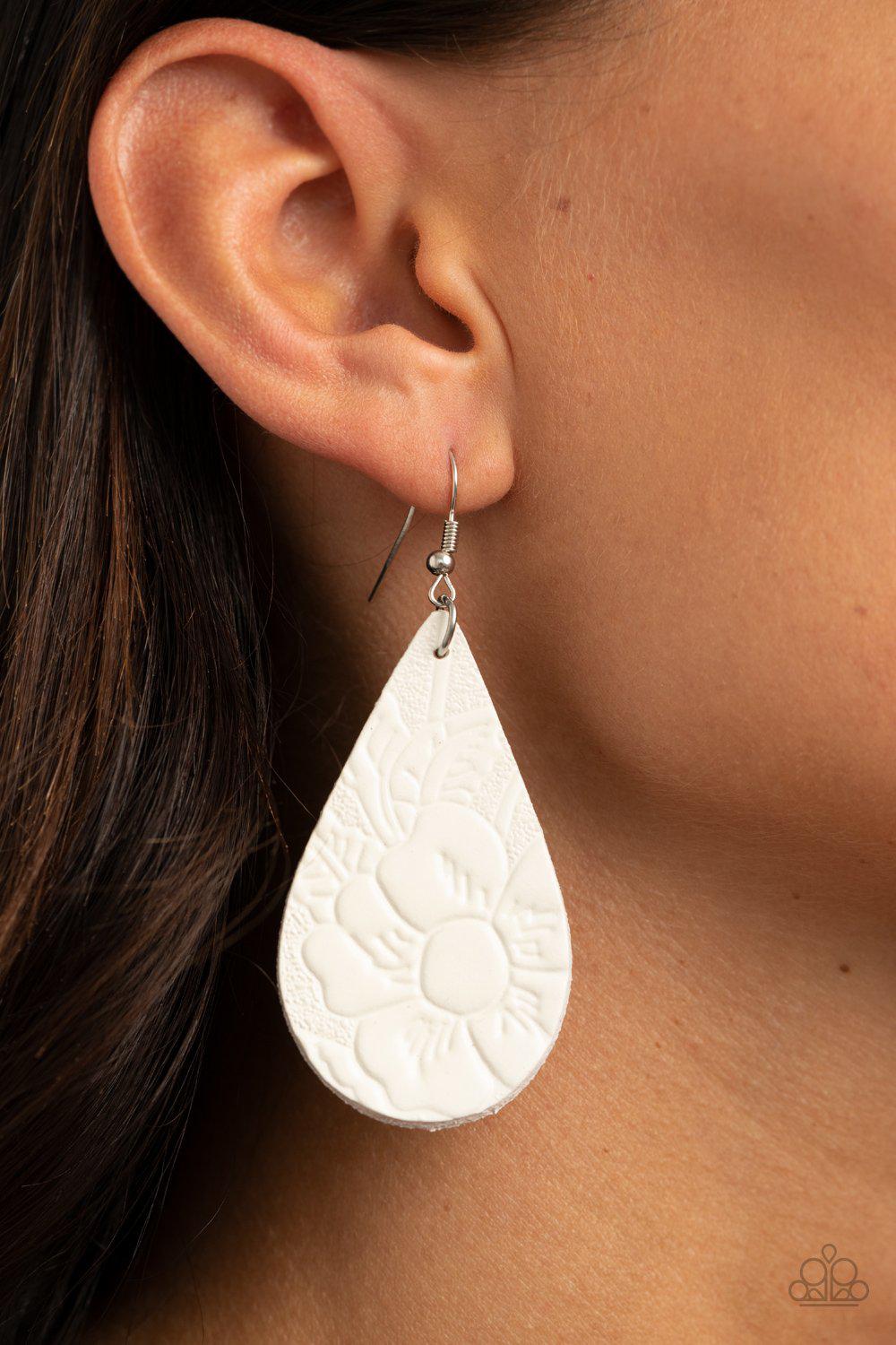 Beach Garden White Leather Teardrop Earrings - Paparazzi Accessories - model -CarasShop.com - $5 Jewelry by Cara Jewels